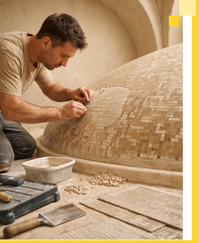 Профессиональная укладка мозаики для хамама под ключ в Вологде